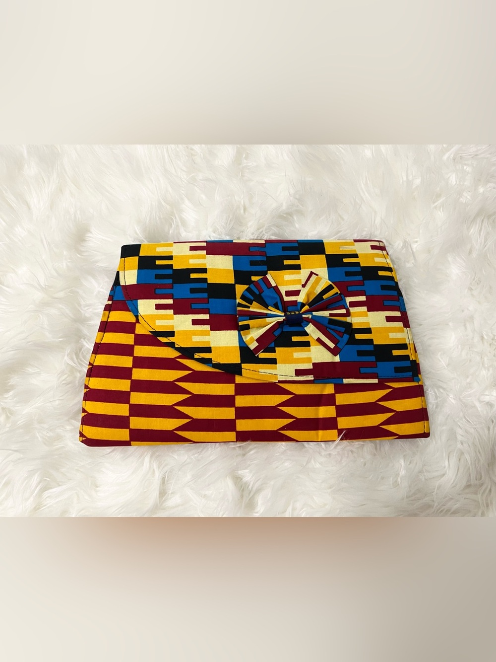 Handmade Ankara African Print Clutch Bag w/ Gold Chain Strap & Bow Accent